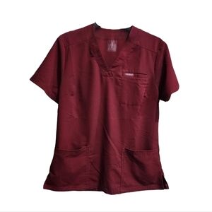 JAANUU Maroon Notched Collar Scrub Top